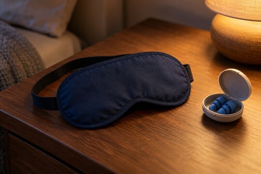 Sleep mask and reusable earplugs beside a bedside lamp