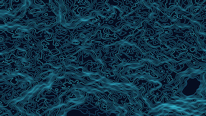 Topographic contour lines map, dark blue glowing contour lines, terrain background © AlexGuda