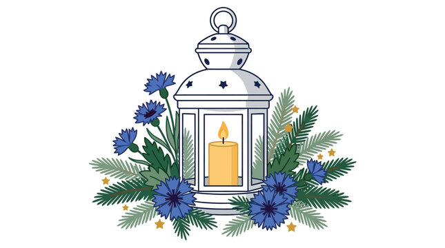 White lantern featuring a burning candle surrounded by blue cornflowers and pine branches.