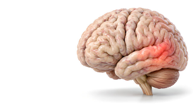 Dementia brain with cortical atrophy and neuroinflammation, photorealistic 3D medical illustration on white with copy space for neurology education, patient awareness and healthcare communication