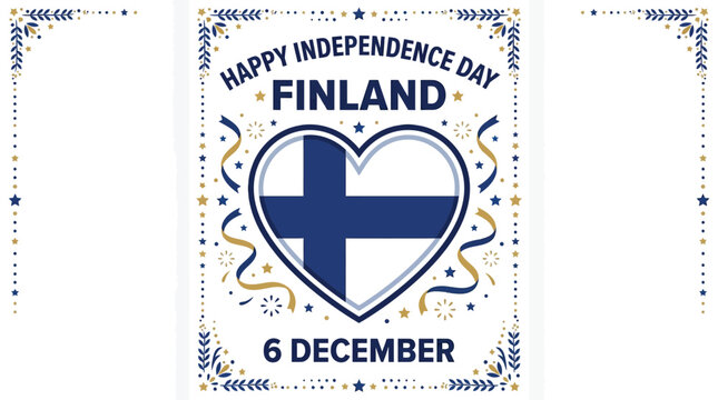Finland Independence Day celebration card with heart shaped cross flag icon, blue and yellow vector design for 6 December holiday.