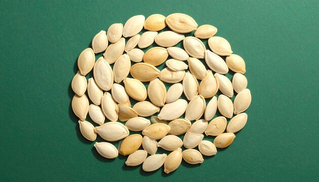Close-up of a circular arrangement of pumpkin seeds on a vibrant green background