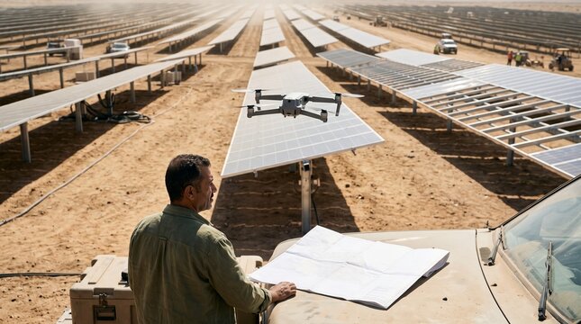Mapping drone rises over a developing solar array