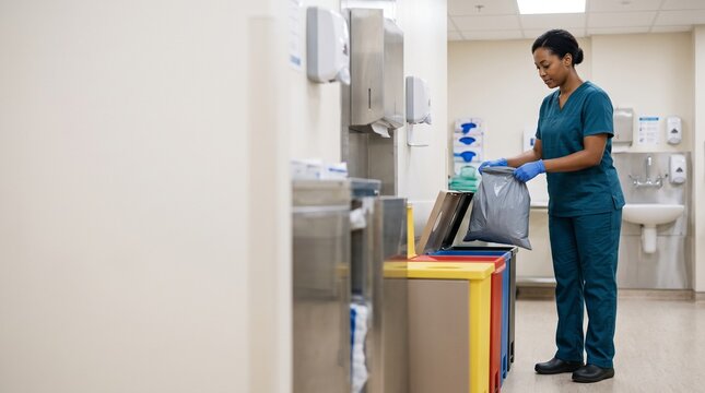 Worker sorts sealed clinical waste in hospital utility room