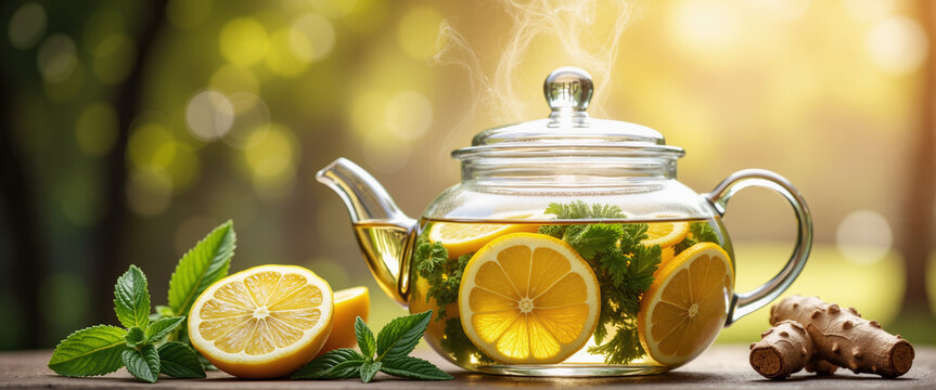 Glass teapot lemon ginger mint steam wellness tea for health blogs spa advertisements and herbal remedy publications