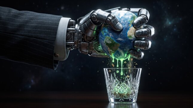 A cybernetic hand in a corporate suit squeezes planet Earth, dripping green glowing liquid into a crystal glass, symbolizing resource depletion, environmental exploitation, and greed.
