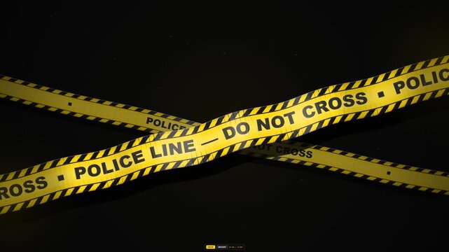 Seamless 10-second loop of yellow plastic caution tape reading POLICE LINE DO NOT CROSS stretching with realistic physical tension, wave propagation, synthetic specular highlights, and micro-vibration