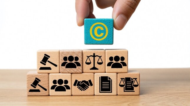 Hand places blue copyright block on wooden cubes stack. Cubes show legal icons like gavel, scales, people, handshake, contract. Concept of intellectual property, business law, partnership, justice