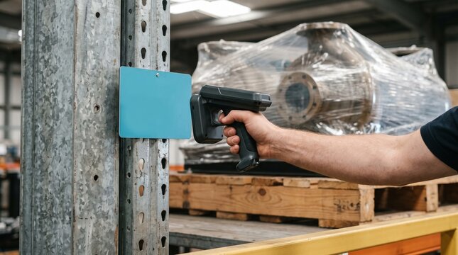 RFID reader verifies a warehouse pallet location