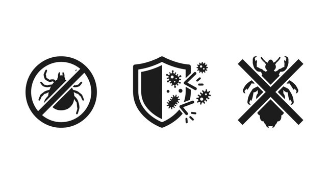 Pest control icons stop tick lice shield. Repel harmful insects bacteria parasites germs defense. Shield blocking virus microbes flea mite. Black white medical graphic. Healthcare prevention concept.