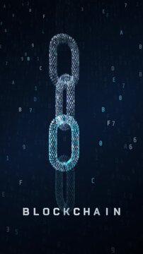 Digital blockchain concept with glowing data chain links and hexadecimal hash codes.