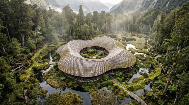 Modern organic architecture house with wooden roof nestled in a lush temperate rainforest landscape aerial view
