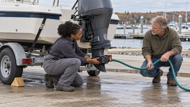 Two marine workers coordinate a slack hose route around a trailer brace beside a fitted outboard flushing attachment during seasonal boat service preparation