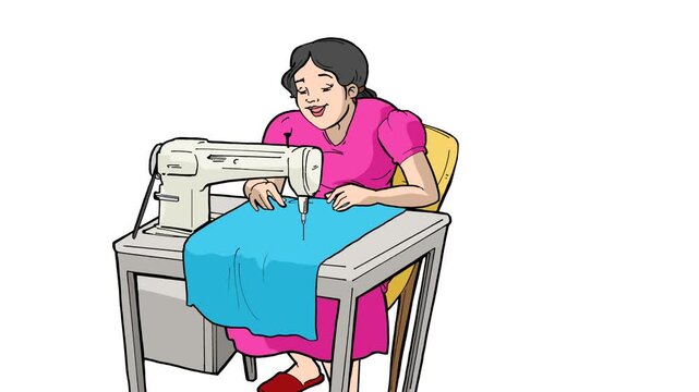 Animated cartoon vector of a smiling woman in a pink dress sewing blue fabric using an industrial sewing machine