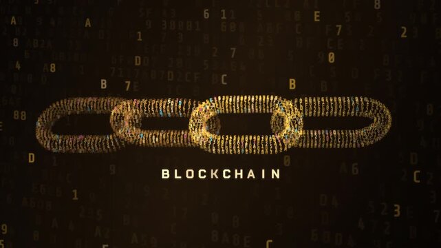 Digital blockchain concept with glowing hash code chain links and hexadecimal data.