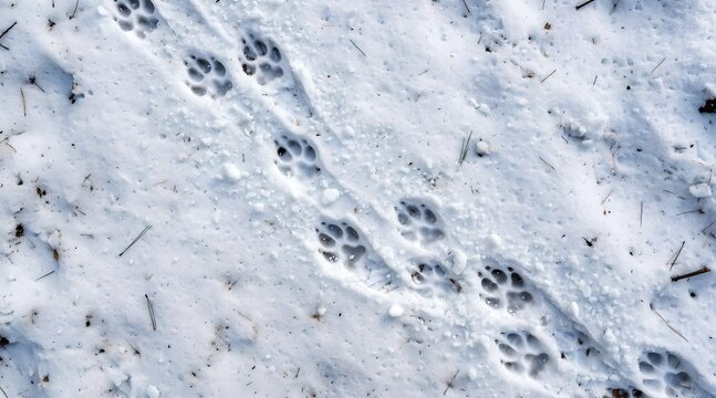 Animal paw prints in winter snow creating visible tracks across cold outdoor ground
