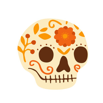 Sugar skull decorated with flowers and traditional ornaments for the Mexican Day of the Dead (Dia de los Muertos) celebration. Flat vector illustration, hand drawn.  Stylized icon on white background.