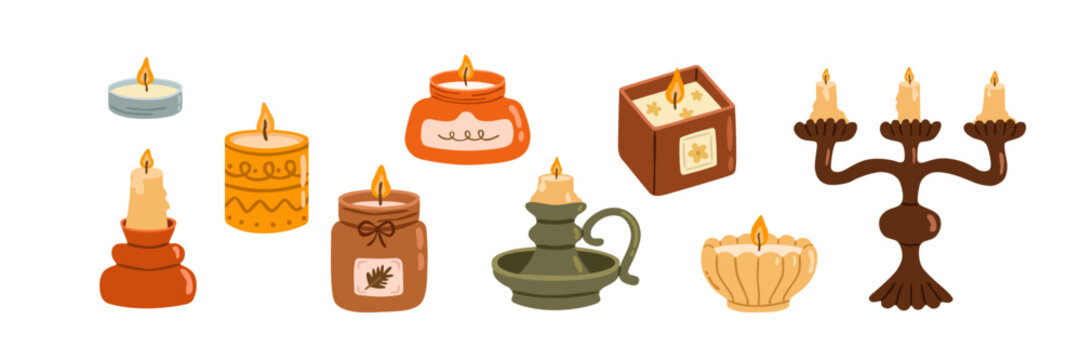 Cozy candles set. Hand drawn collection with candle holders, jars, a candelabra and floral candle designs in warm autumn colors, isolated on white. Flat vector illustration.