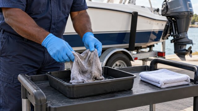 Gloved hands lower a damp service cloth into a contained tray on a trolley beside a secured boat during organized cleanup for seasonal marine maintenance