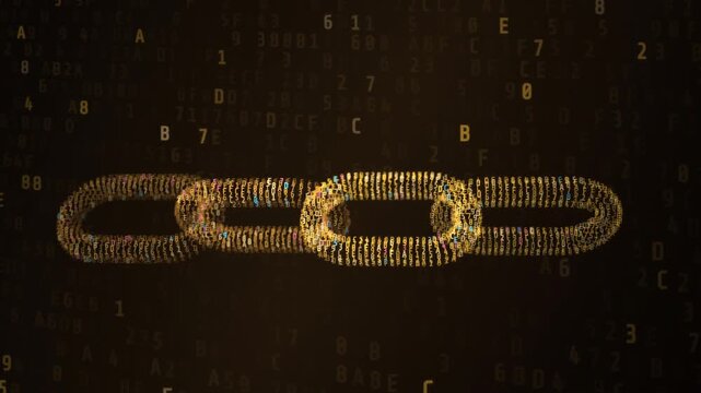 Digital blockchain hash chain links formed from glowing hexadecimal computer code.