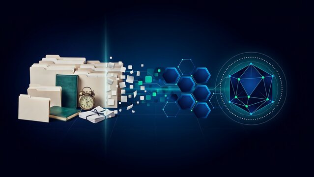 Data migration concept with paper folders and clock transforming into a complex digital hexagonal network and a glowing geometric sphere interface