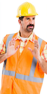 A construction worker in a yellow hard hat and orange vest gestures for stop or hold, with a serious expression