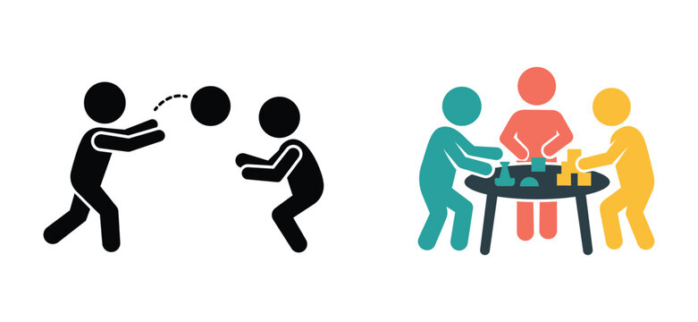 Children social play, cooperative activity, and group interaction vector icon set featuring kids throwing ball and children playing together at table