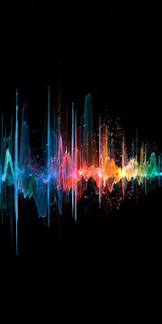 Abstract sound wave visualization with vibrant colors on a black background. The colorful lines pulse and shimmer, representing a dynamic audio spectrum