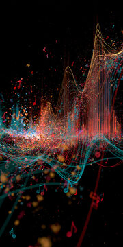 Abstract visualization of sound waves with music notes and colorful particles, creating a dynamic and energetic audio experience
