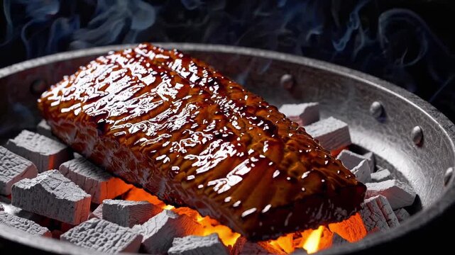 Succulent salmon fillet with a glistening teriyaki glaze slowly cooking over glowing hot charcoal briquettes in a cast iron skillet, with delicate wisps of smoke rising against a dark background