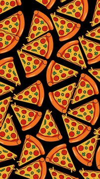 Enjoy this playful pizza slice pattern featuring cartoon pepperoni, melted cheese, and bold orange outlines on a black background