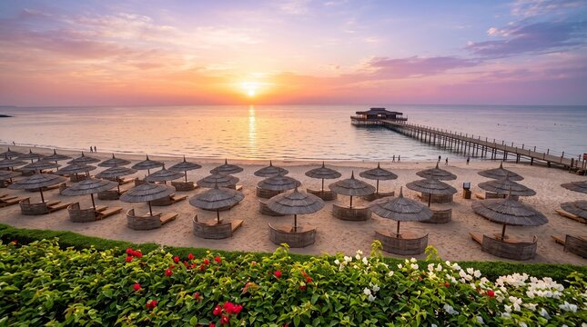 Serene sunrise at a luxury tropical beach resort featuring rows of thatched umbrellas on golden sand, a long wooden pier extending into the calm ocean, and vibrant floral gardens in the foreground.