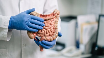Plakat Gloved medical professional examining a human intestinal anatomy model in a clinical room. Digestive system education and gastrointestinal health. Medical training and anatomy study.
