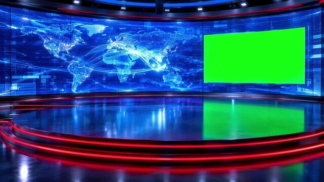 Virtual news studio background with green screen chroma key display and global world map