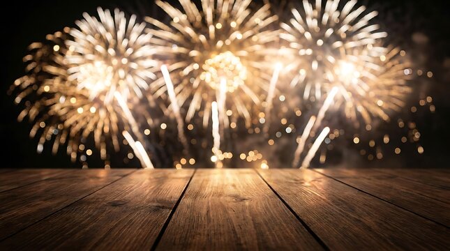 Golden fireworks exploding in the night sky above a dark, horizontal wooden plank surface, festive celebration background