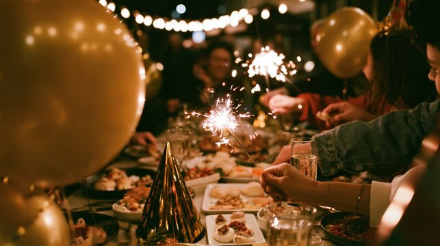 New Year's Eve celebration with sparklers and festive decorations on