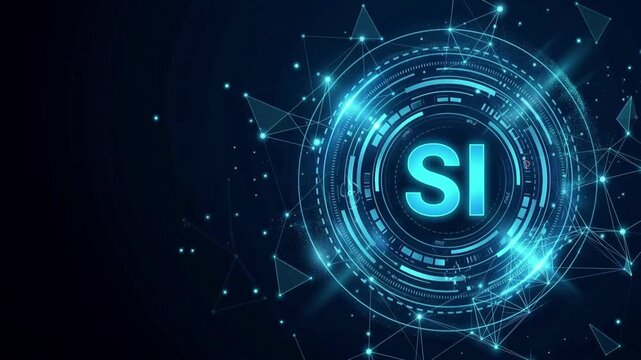 Futuristic rotating hud circle with glowing silicon intelligence Si logo for super AI network concept