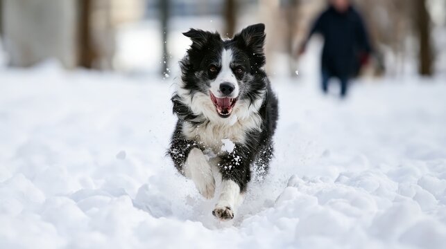 Winter outdoor activity with border collie running through snow with