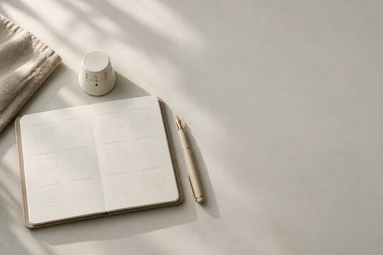 Minimal planner notebook with pen and coffee