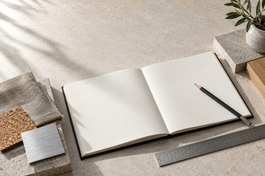 Open notebook with fabric samples on creative desk