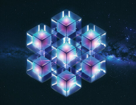 Futuristic glowing crystal cubes geometric structure floating in the deep starry space
