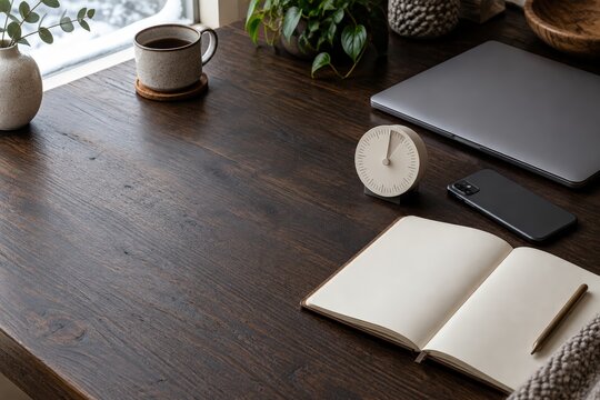 Home office desk with laptop notebook coffee and clock