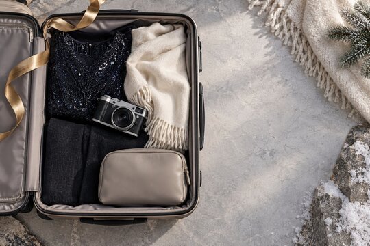 Open suitcase packed for winter holiday travel