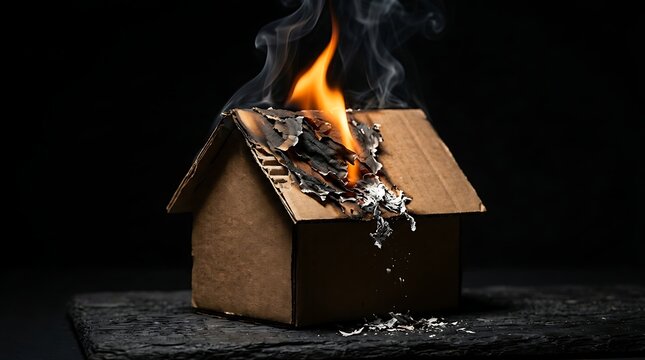 Cardboard house on fire, symbolizing destruction and loss, with flames engulfing the structure against a dark background, representing danger and risk