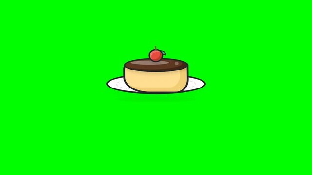 Cartoon chocolate pudding with cherry pattern on green screen