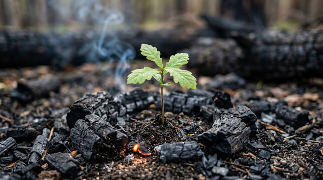 A young green oak sapling emerges from the black charred wood and ash of a recently burned forest, with wisps of smoke rising in the background.
