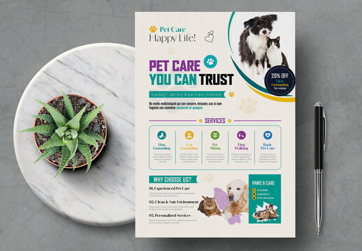 Pet Care Flyer Template for Veterinary Clinic and Animal Services
