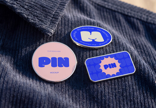 Enamel Pin Badge Mockup Set on Denim Fabric