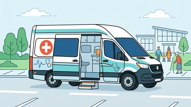 Modern flat linear illustrating emergency medical mobile clinic vehicle transport healthcare van with cross sign for public medical assistance outreach and hospital service program mobile