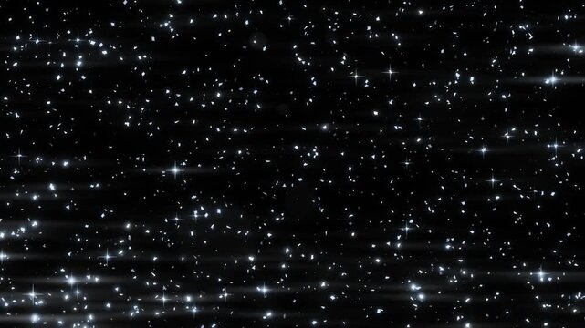 Steel glitter throws wide horizontal lens flares on black, as scattered metallic points flash and streak sideways, a seamless looping anamorphic overlay for film style edits, Screen mode ready